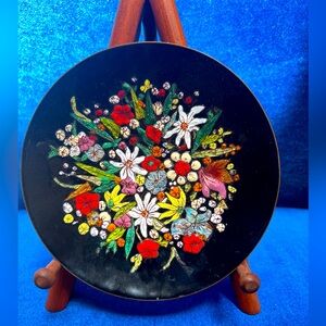 Antique Enamelware Decorative Plate Florals Handpainted In Austria